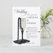 Black & White Pearl Champagne Glass Wedding Einladung (Stehend Vorderseite)