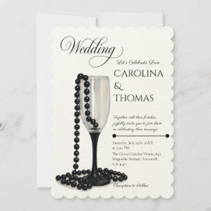 Black & White Pearl Champagne Glass Wedding Einladung