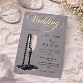 Black & White Pearl Champagne Glass Wedding Folieneinladung