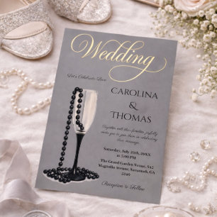 Black & White Pearl Champagne Glass Wedding Folieneinladung