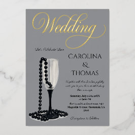 Black & White Pearl Champagne Glass Wedding Folieneinladung
