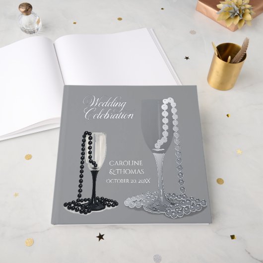 Black & White Pearl Champagne Glass Wedding Gästebuch (Vorderseite Offen)