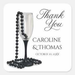 Black & White Pearl Champagne Glass Wedding Quadratischer Aufkleber