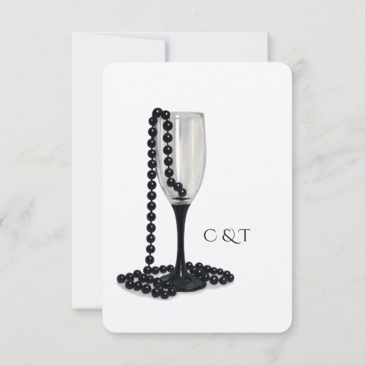 Black & White Pearl Champagne Glass Wedding RSVP Karte (Rückseite)