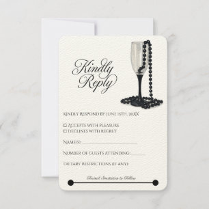 Black & White Pearl Champagne Glass Wedding RSVP Karte