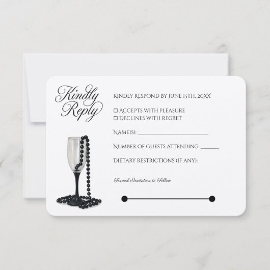 Black & White Pearl Champagne Glass Wedding RSVP Karte (Vorderseite)