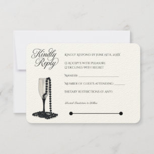 Black & White Pearl Champagne Glass Wedding RSVP Karte