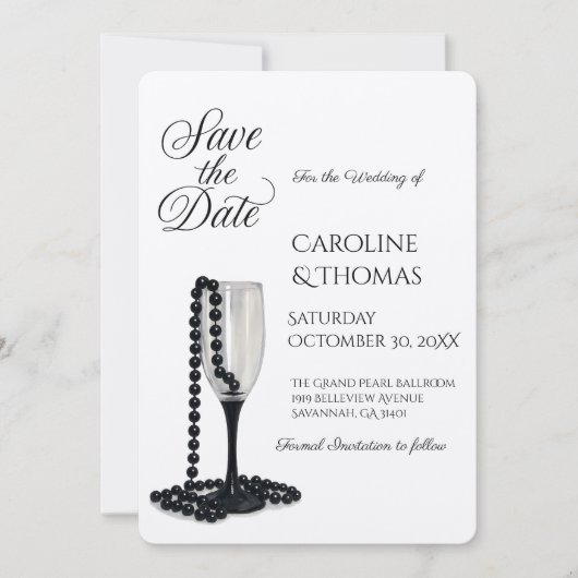 Black & White Pearl Champagne Glass Wedding Save The Date (Vorderseite)