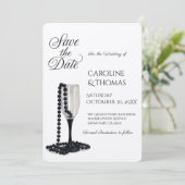 Black & White Pearl Champagne Glass Wedding Save The Date (Stehend Vorderseite)