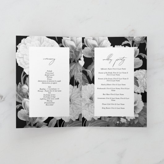Black & White Peonies Hochzeitsorden Programm (Innenseite)
