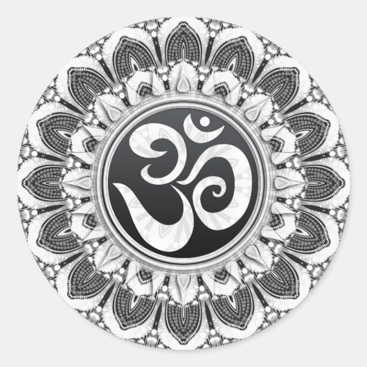 Black+White Petals Om Mandala Art Round Sticker (Vorderseite)