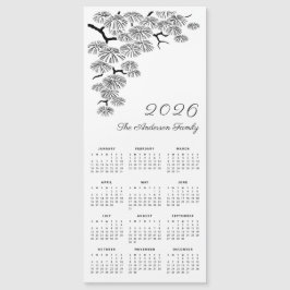 Black White Pine Branch Botanical Calendar 2026 Magnetkarte