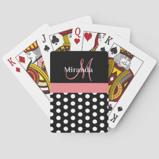 Black White Pink Monogram Script Polka Dots Spielkarten