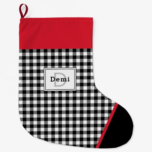 Black & White Plaid Toe Trim Monogram Großer Weihnachtsstrumpf (Vorderseite)