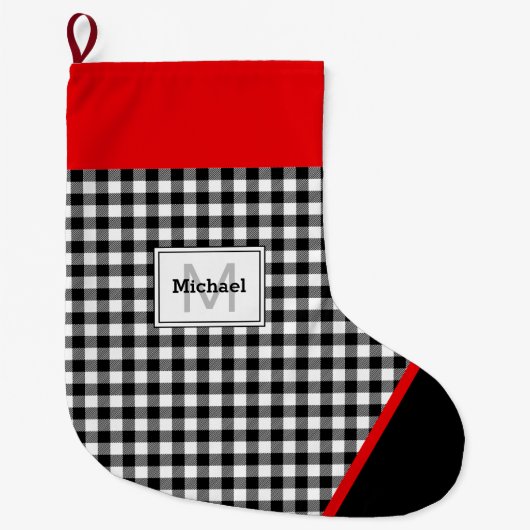 Black & White Plaid Toe Trim Monogram Großer Weihnachtsstrumpf (Vorderseite)