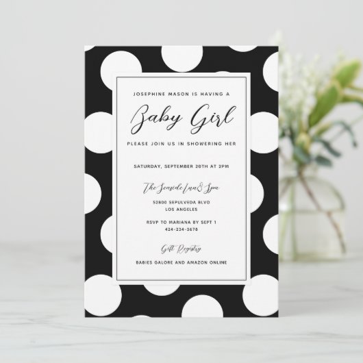 Black & White Polka Dot Border Baby Dusche Einladung (Stehend Vorderseite)