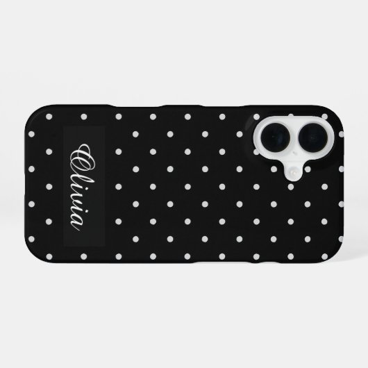 Black & White Polka Dot Custom Name iPhone 16 Hülle (Rückseite (Horizontal))
