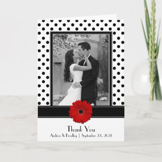 Black White Polka Dot Red Daisy Wedding Thank You Dankeskarte (Vorderseite)