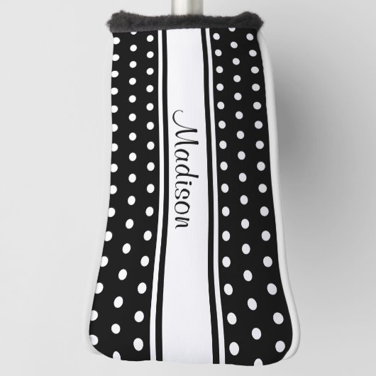 Black White Polka Dot Stripe Script Name Golf Headcover (Rotieren 90)