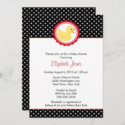 Black & White Polka Dots Duck Babydusche Einladung (Vorne/Hinten)