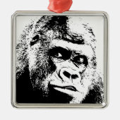Black White Pop Art Gorilla Silbernes Ornament (Vorne)