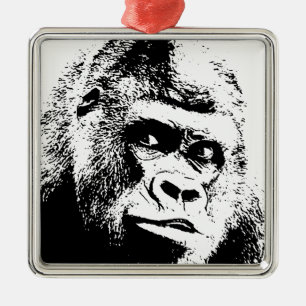 Black White Pop Art Gorilla Silbernes Ornament