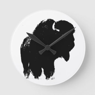 Black & White Pop Bison Buffalo Runde Wanduhr