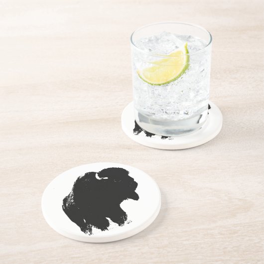 Black & White Pop Bison Buffalo Sandstein Untersetzer (Seite)