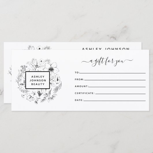 Black & White QR Code Botanical Gift Certificate (Vorne/Hinten)