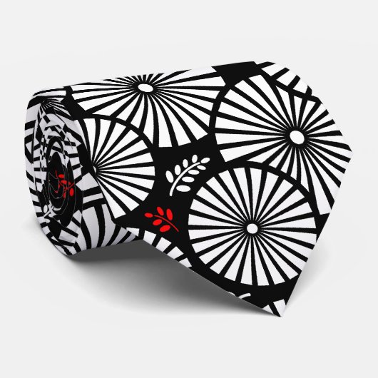 Black White Red Sunburst Retro Floral Geometric Krawatte (Gerollt)