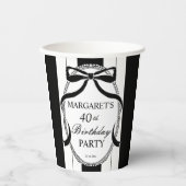 Black white retro stripes bow birthday monogrammed pappbecher (Vorderseite)