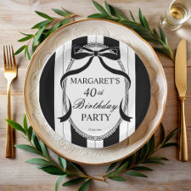 Black white retro stripes bow birthday monogrammed