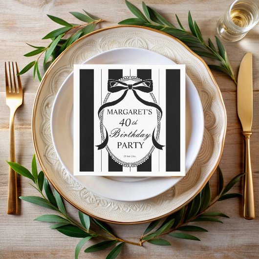 Black white retro stripes bow birthday monogrammed serviette