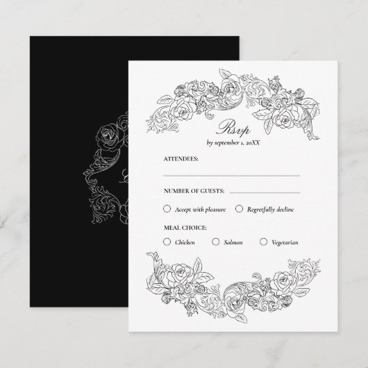 Black & White Rococo Meal Choice RSVP Card Karte (Vorne/Hinten)