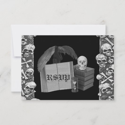 Black & White Romance Skull Spellbook Hochzeit RSVP Karte (Vorderseite)