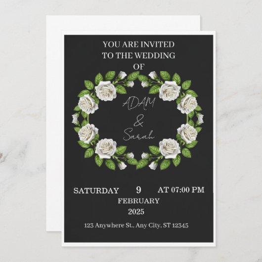 Black & White Rose Wreath Wedding Invitation (Vorne/Hinten)