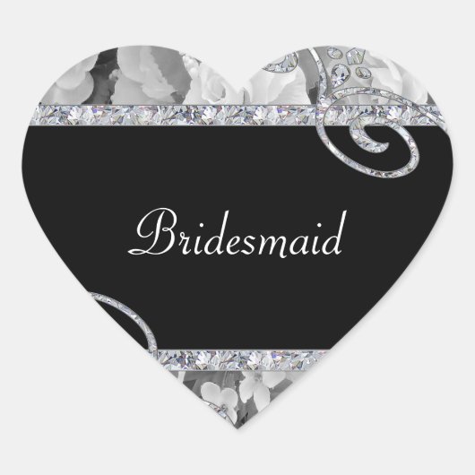 Black & White Roses & Diamond Wirbel Hochzeit Herz-Aufkleber (Vorderseite)