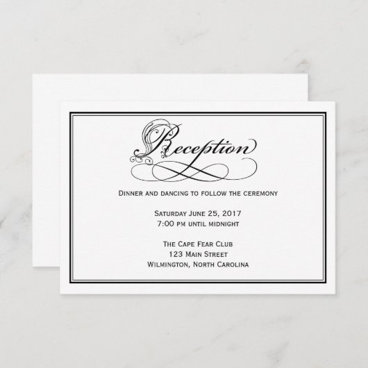 Black & White Royal Script Reception Card Einladung (Vorne/Hinten)