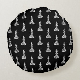 Black & White Schach Figures Linocut Bishop Rundes Kissen