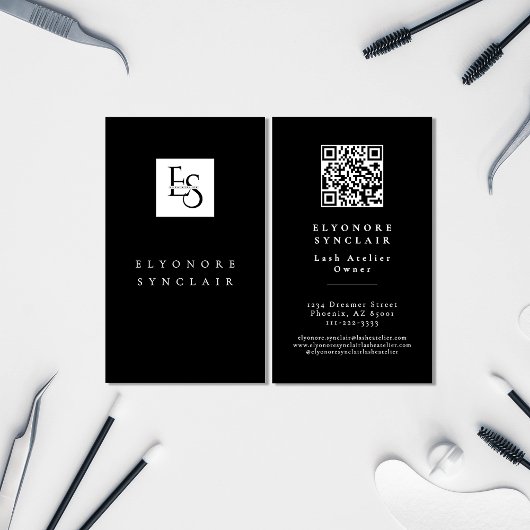 Black White Script Lashes Studio Logo QR Code Visitenkarte