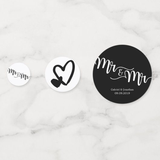 Black & White Script Mr. und Mr. Hearts Wedding Konfetti (Rückseiten)