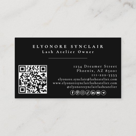Black White Script Photo Logo QR Code Social Lash Visitenkarte (Rückseite)