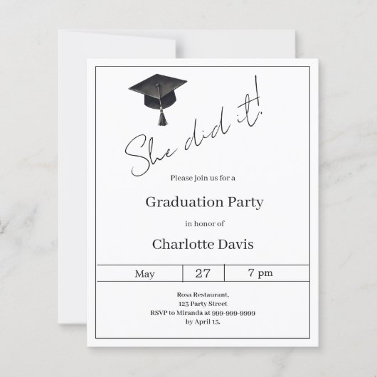 Black white She did it Graduation Party invitation (Vorderseite)