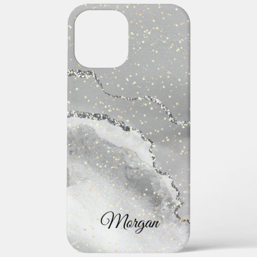 Black & White Silver Agate & Gold Stars Name Case-Mate iPhone Hülle (Rückseite)