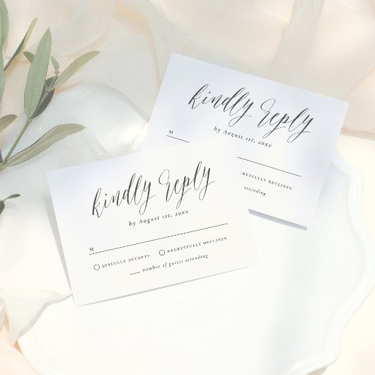 Black & White Simple Script Calligraphy Wedding RSVP Karte