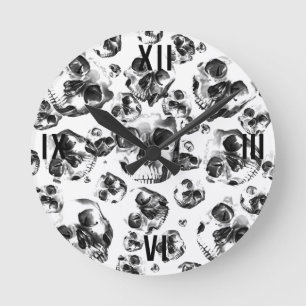 Black & White Skulls Skeleton Skull Art Pattern Runde Wanduhr