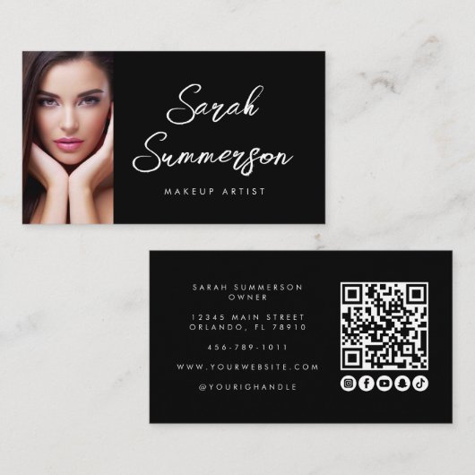 Black White Social Media QR Photo Makeup Visitenkarte (Vorne/Hinten)