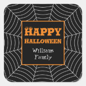 Black White spiderweb Halloween pattern Your name Quadratischer Aufkleber (Vorderseite)