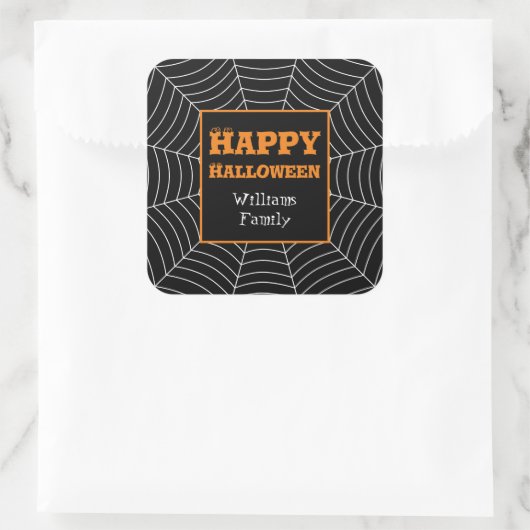 Black White spiderweb Halloween pattern Your name Quadratischer Aufkleber (Tasche)