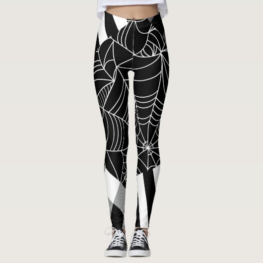 Black & White Spiderweb Patchwork Halloween Leggings (Vorderseite)